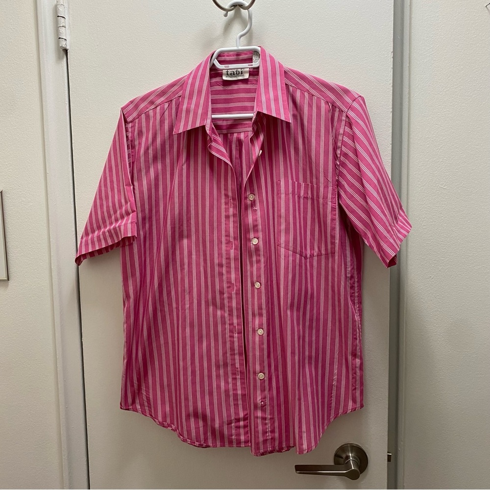 pink striped button down tshirt
